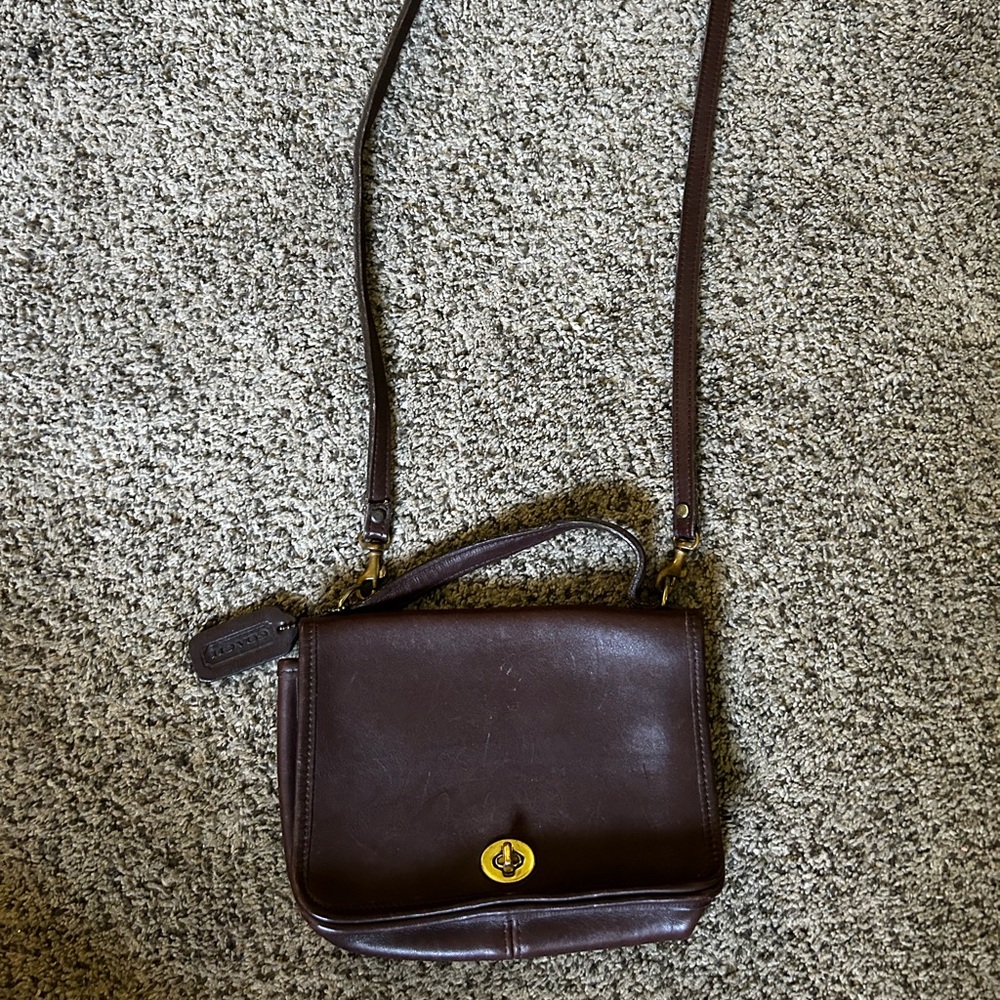 Vintage Coach Brown Leather Crossbody Bag with Flap Closure